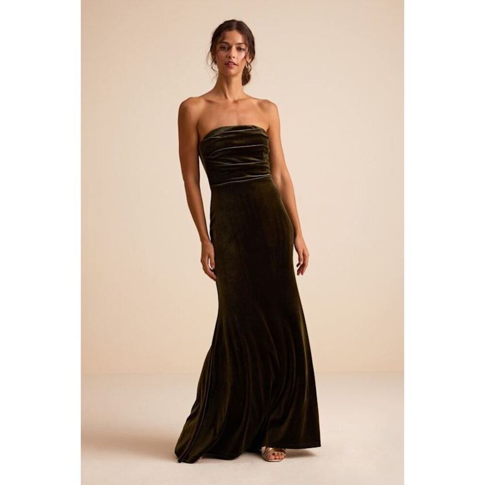 Lulus Maren Olive Velvet Strapless Mermaid Maxi Dress Green - Size M